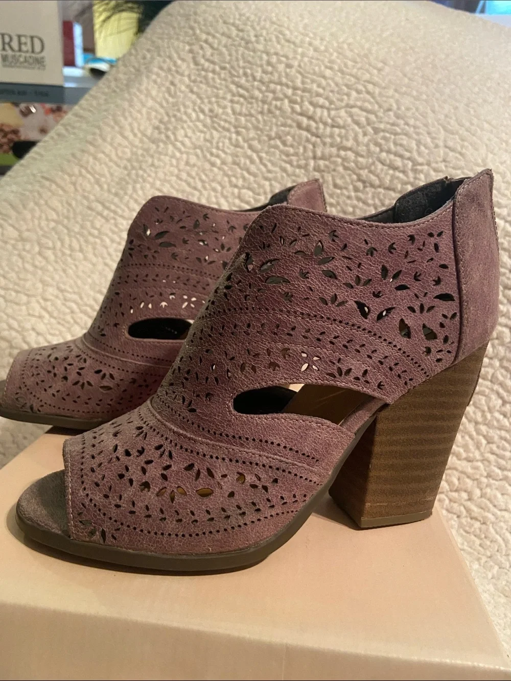 Not Rated Peep-Toe Laser-Cut Block Heel Booties in Brown/Grey - wore once